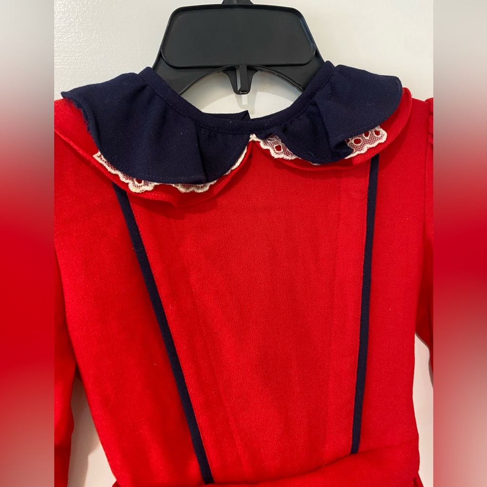 Petite Gamine girls vintage wool red collar long sleeve dress